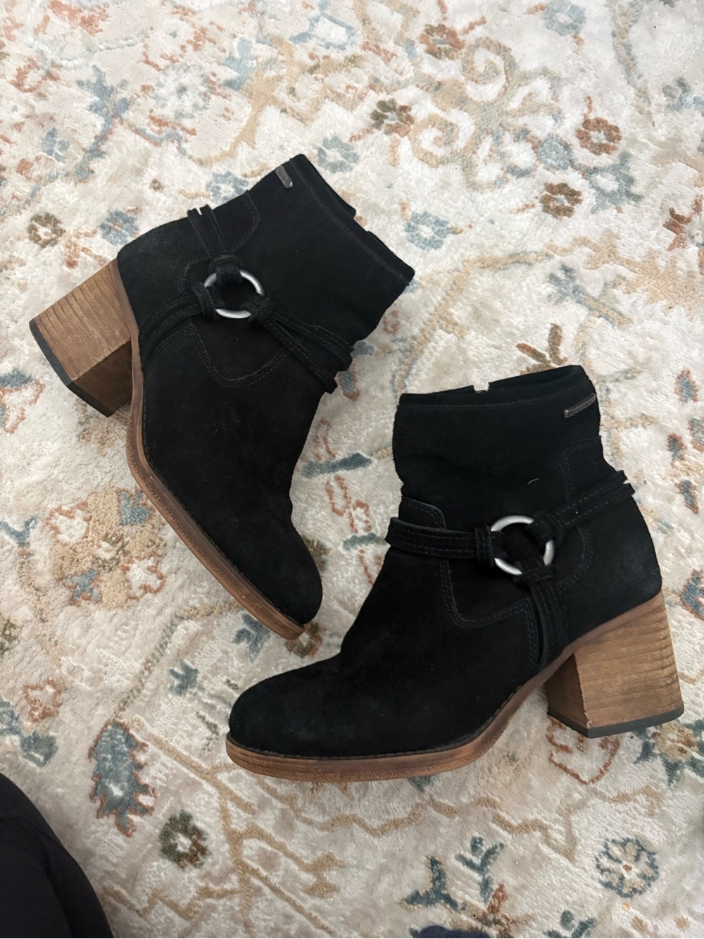 BearPaw Black Suede Ankle Boots with Wooden Block Heel